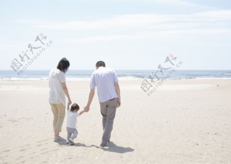 海滩沙滩散步的一家人图片