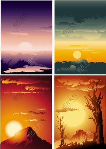 4个辉煌的日出日落矢量风景