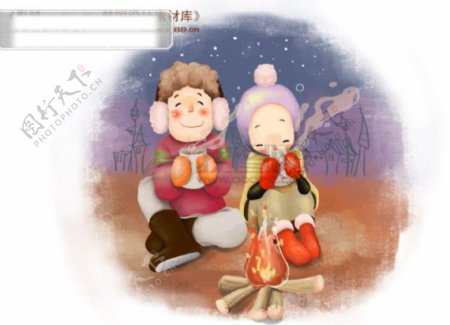 HanMaker韩国设计素材库背景卡通漫画可爱人物女孩男孩篝火温暖甜蜜儿童