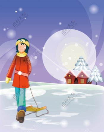 卡通女孩雪夜滑雪移门图片