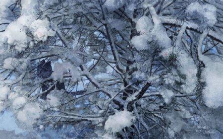 雪天树杈上的黑猫水彩插画