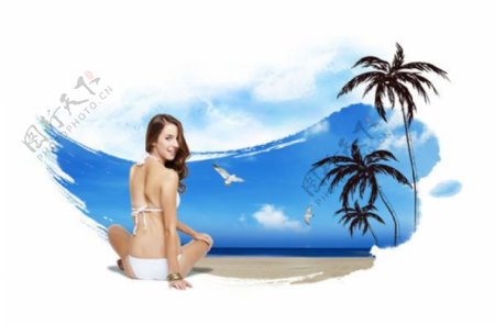 坐在沙滩上的美女海报psd分层素材