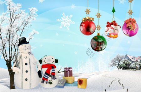 树旁的雪人和圣诞球