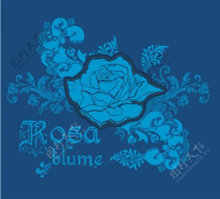 印花矢量图英文宝石蓝色青色玫瑰花免费素材