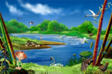 森林动物池塘风景画PSD分层素材