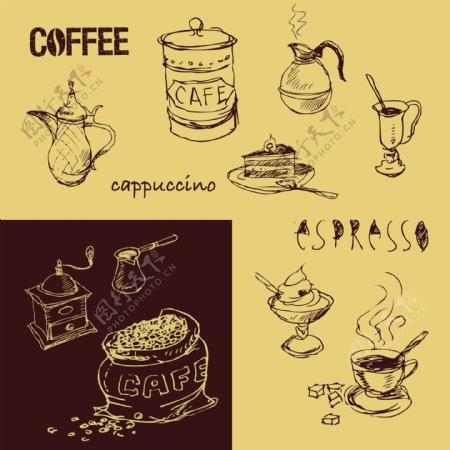 手绘咖啡线条设计元素