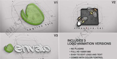 三维建筑师蓝图绘制Logo标志动画
