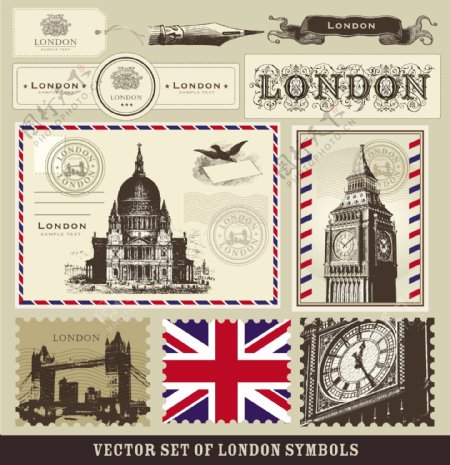 在伦敦和巴黎的象征邮票02矢量素材