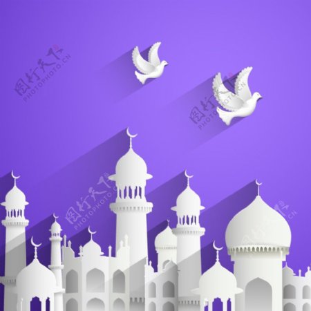 伊斯兰建筑与白鸽矢量素材