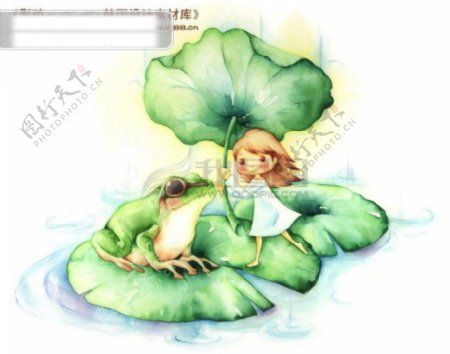 HanMaker韩国设计素材库背景卡通漫画淡彩儿童女孩荷叶青蛙池塘