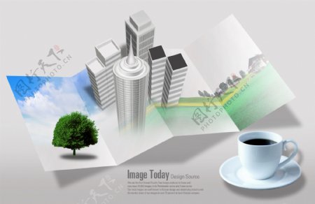 折页上的建筑绿树和咖啡杯