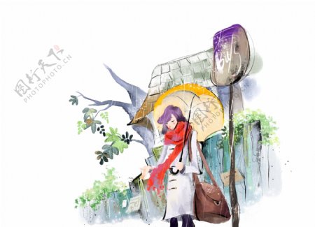 HanMaker韩国设计素材库背景漫画卡通淡彩人物女人雨天站牌等候