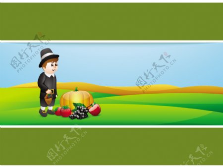 感恩节快乐的概念与可爱的男孩拿着篮子保持水果和蔬菜的自然背景