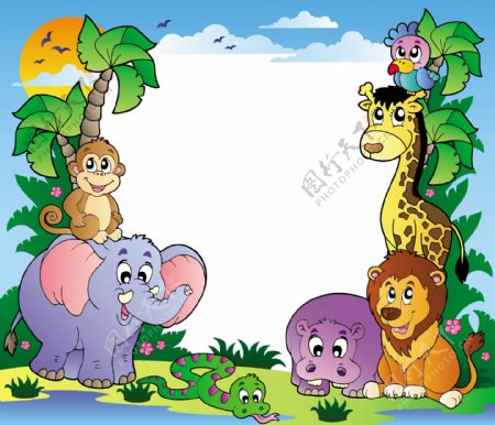 卡通丛林动物场景矢量图