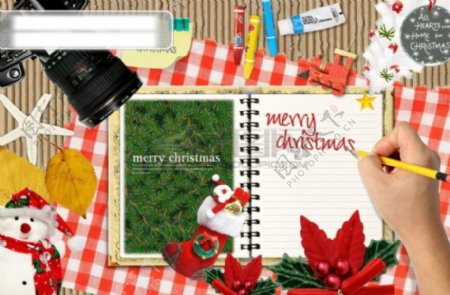 HanMaker韩国设计素材库背景图片卡片礼物祝福圣诞本子笔物品照片照相机