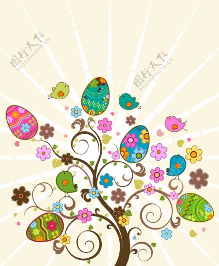 复活节彩蛋和卡通树矢量
