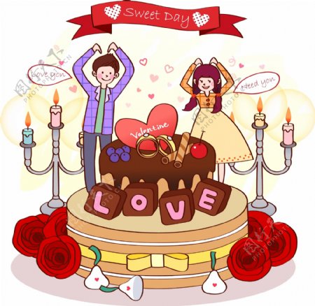 爱情卡通插画爱情蛋糕