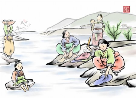HanMaker韩国设计素材库背景水墨绘画洗衣服湖畔妇女