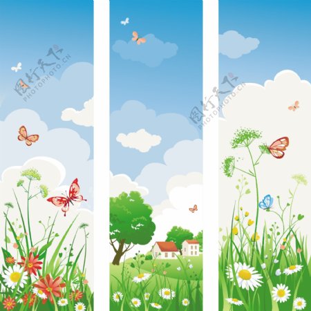 3阳光明媚的春天蝴蝶花卉矢量的旗帜