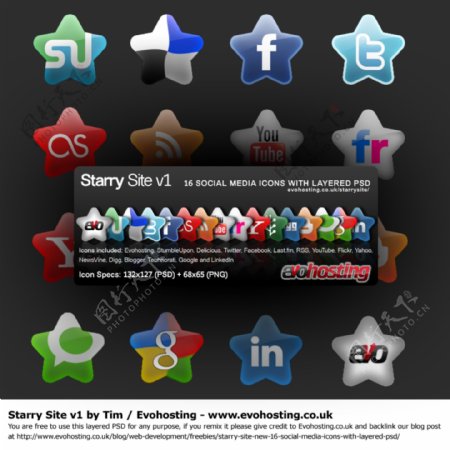 16星的社交媒体图标设置格式的PSD