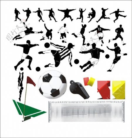 足球运动主题元素及人物剪影矢量图