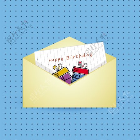生日快乐祝福贺卡信封上点缀蓝色背景