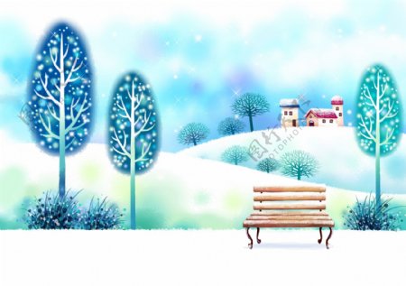 雪地上的长椅和树木插画