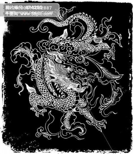 白描中国龙矢量素材eps格式矢量中国龙中国传统图案撕裂边框矢量素材