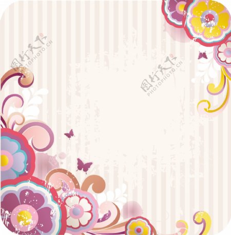 蝴蝶弧线花纹和粉色花朵插画