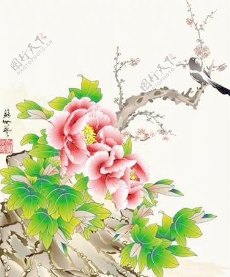 中国画工笔牡丹喜鹊矢量素材