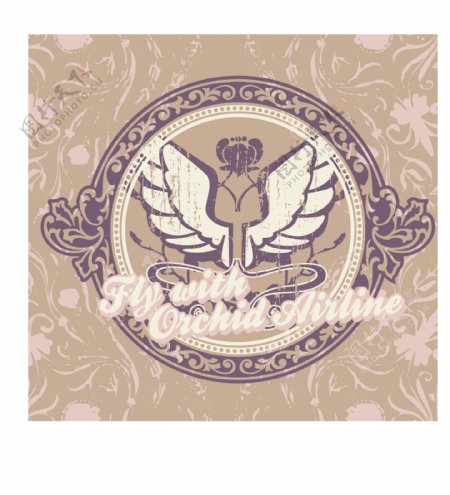 印花矢量图徽章标记翅膀铜绿色紫色免费素材