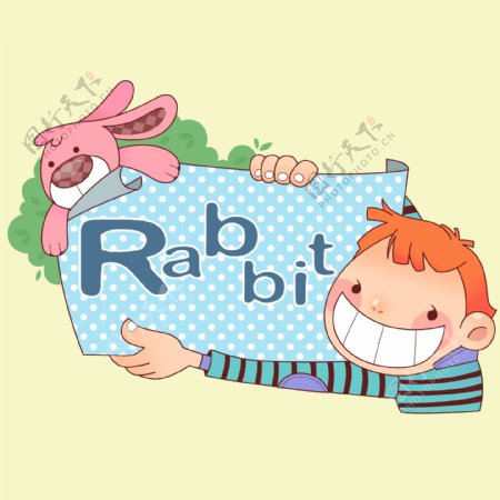 印花矢量图可爱卡通男孩兔子英文免费素材