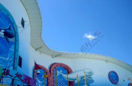 哈尔滨太阳岛极地馆建筑外观仰视阳光蓝天