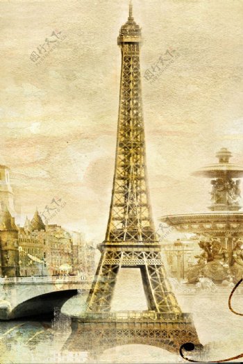 手绘复古巴黎铁塔