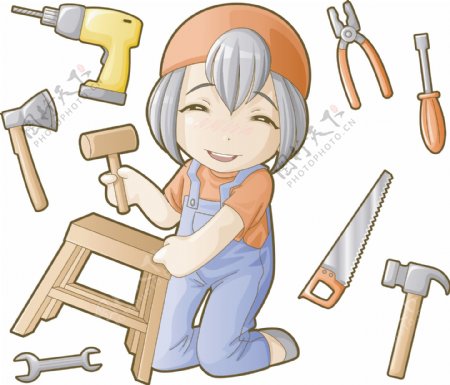 可爱木工女孩和工具矢量素材.