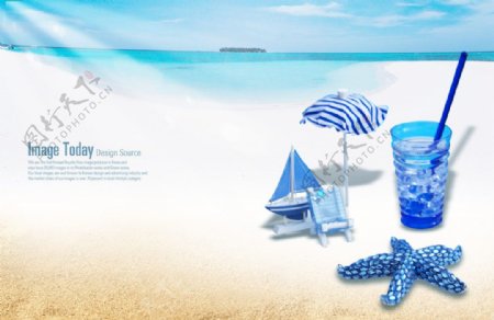蓝色海洋夏天沙滩海报PSD分