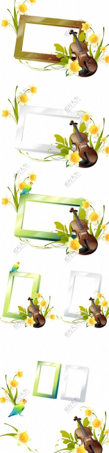 浪漫小提琴花朵相框矢量素材