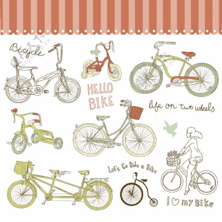 老式自行车和一个漂亮的女孩骑自行车