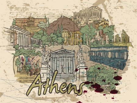 雅典的涂鸦和垃圾矢量插图