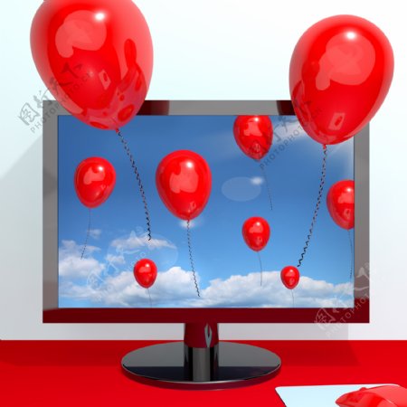 天空中的喜庆的红色气球和走出屏幕在线庆祝