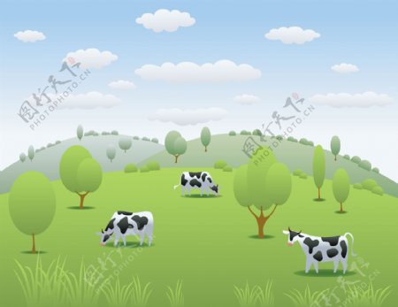 卡通奶牛和自然风景矢量