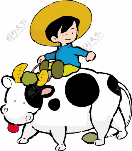骑奶牛的小男孩