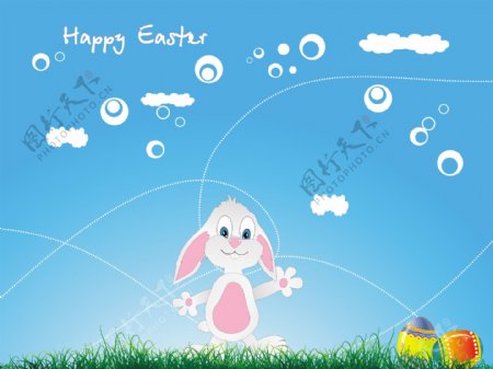 在绿色的草地上复活节小兔和彩蛋