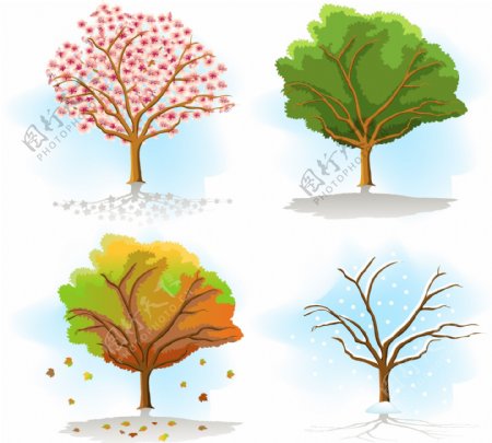 四季转换树木彩绘矢量素材