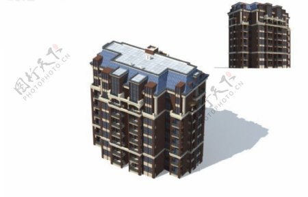 现代几何形顶高层建筑3D模型图