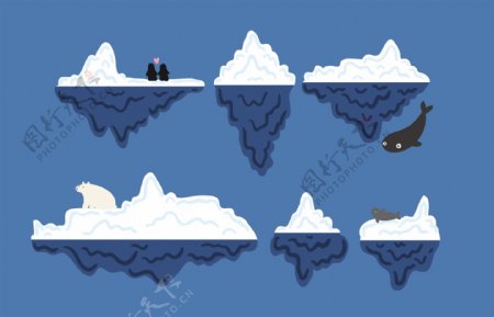 6款卡通冰川和北极熊企鹅设计矢量素材