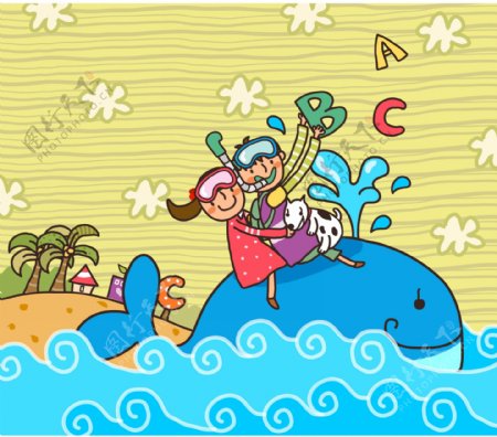 骑鲸鱼的卡通儿童插画