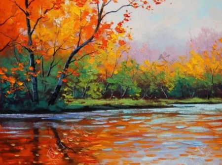 油画河畔秋色图片