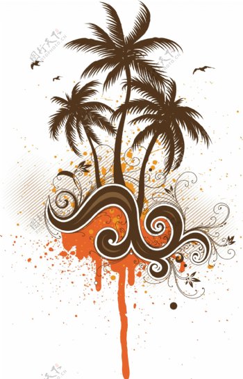 印花矢量图椰树色彩橙色咖啡色免费素材