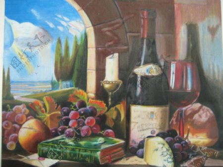 葡萄红酒水彩画图片